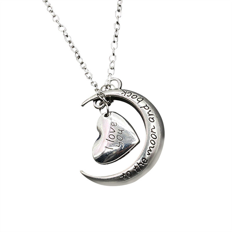I Love You Luxury Love Heart and Moon Pendant Chain Necklace Valentines Jewelry Gift for Her (Silver)