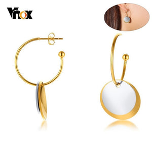 Vnox Unique Disc Charm Dangle Earrings for Women Gold and Silver Two Tone Stainless Steel brincos femininos Gifts for Her