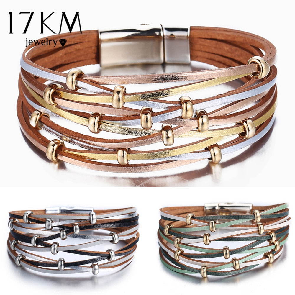 17KM Gold Silver Color Beads Leather Charm Bracelets For Women Men Fashion Multiple Layers Wrap Bracelet Jewelry Christmas Gift