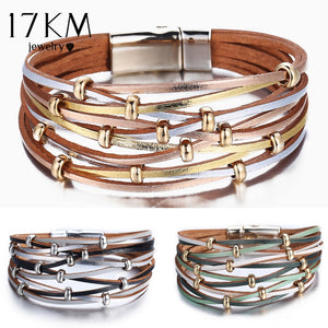 17KM Gold Silver Color Beads Leather Charm Bracelets For Women Men Fashion Multiple Layers Wrap Bracelet Jewelry Christmas Gift